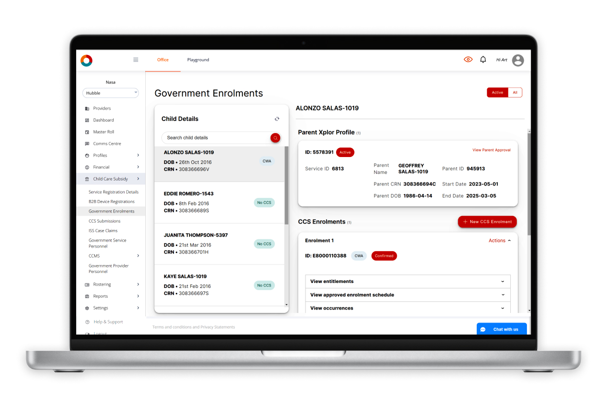 Screenshot of the Government Enrolments screen in the cloud-based Office platform